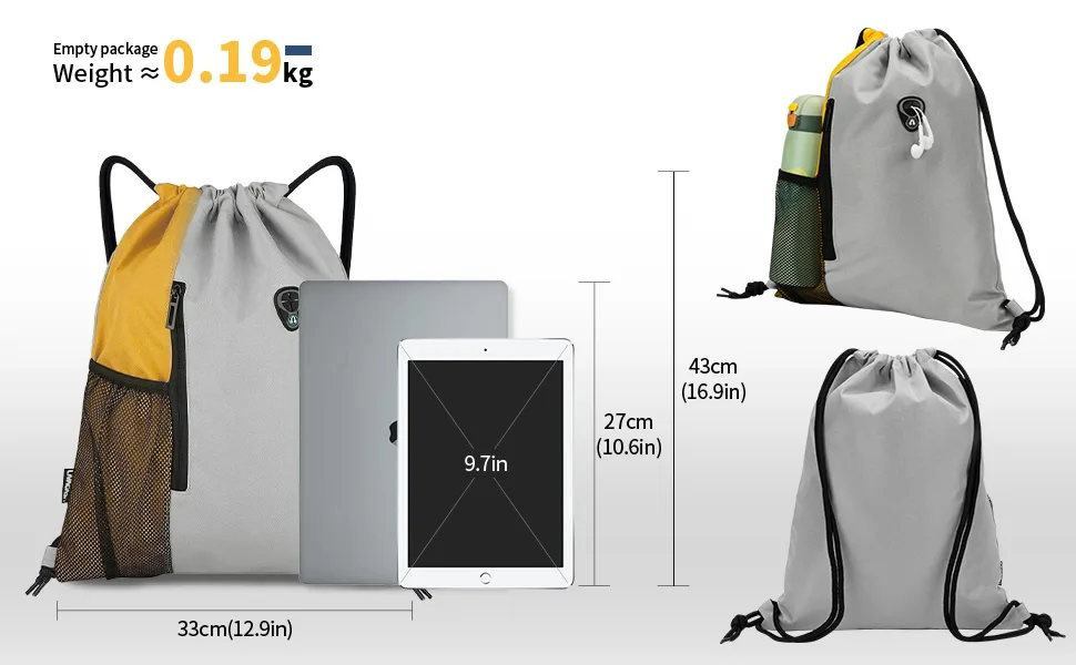 LIVACASA Drawstrings Backpacks Bags for Men Sackpack for Women USB Port Headphone Hole Design Waterproof Light Gray and Blue C Grey + Peacock Blue - swimming bag