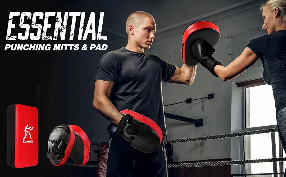 Odoland 2-in-1 Punching Mitts Kick Pack Set Boxing Mitts Focus Pads Taewondo Kick Pad Great for Boxing Kickboxing Karate Muay Thai MMA Training Black/Red - CDVVD