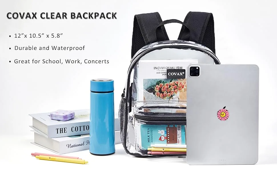 COVAX Clear Backpack Stadium Approved Clear Transparent Backpack See Through Backpack with Reinforced Straps for Stadium Concerts Security & Sporting Events - Heavy Duty Clear Backpack