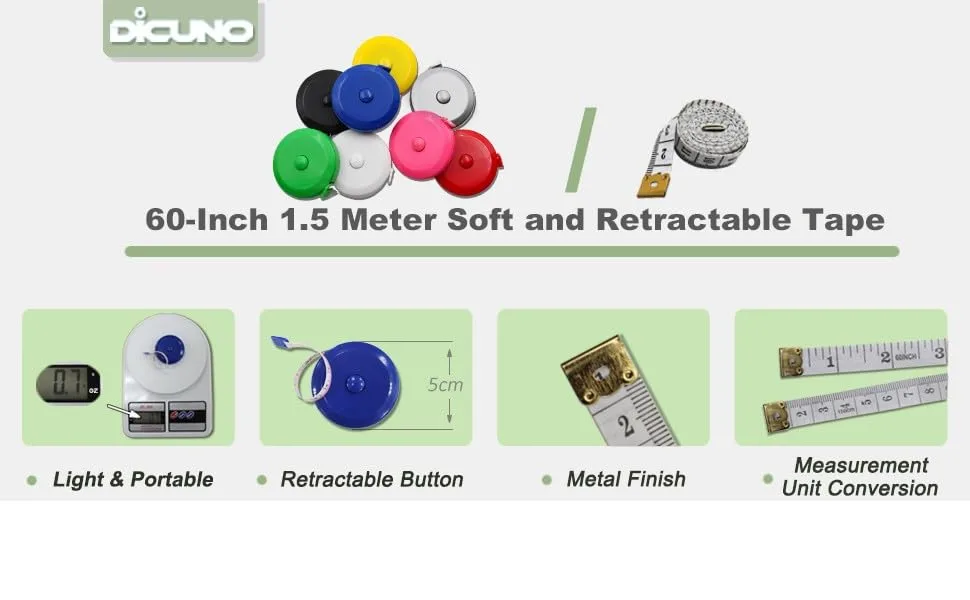 DiCUNO 60-Inch 1.5 Meter Soft Retractable Measuring Tape Pocket Body Tailor Sewing Craft Cloth Tape Measure (8 Colors Package) - product information 25