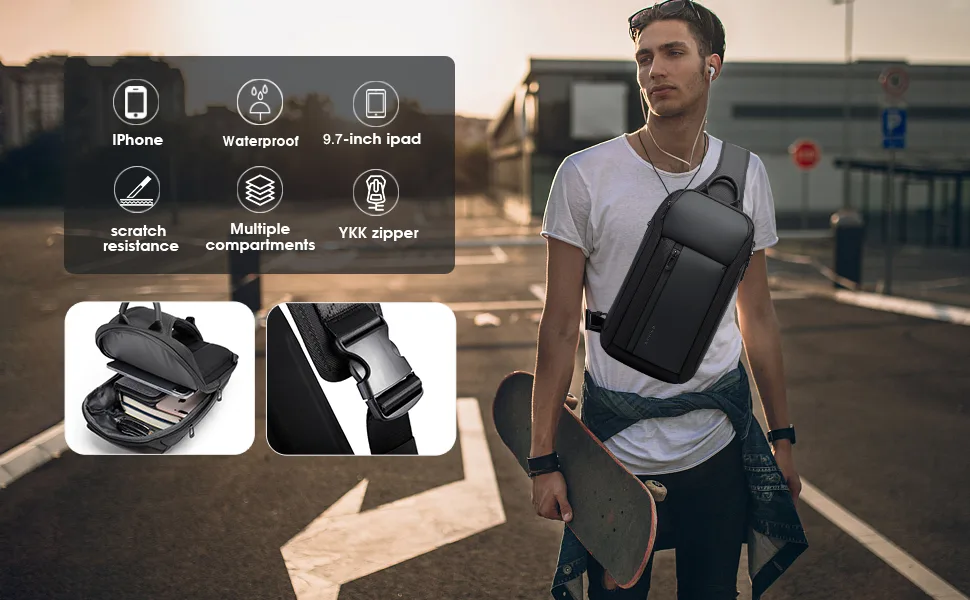 BANGE Sling Bag Waterproof Men's Chest Bag Shoulder bags Crossbody Sling Backpack for Men 7566black - sling backpack men