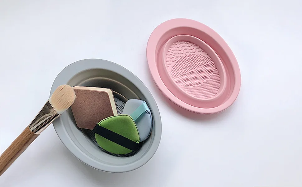 2 Pack Makeup Brush Cleaner Mat - Silicon cleaning Pad & Bowl Scrubber Portable Washing Tool for Makeup Brush Makeup Sponge Powder Puff (Gray & Pink) - makeup cleaning brush and sponge puff