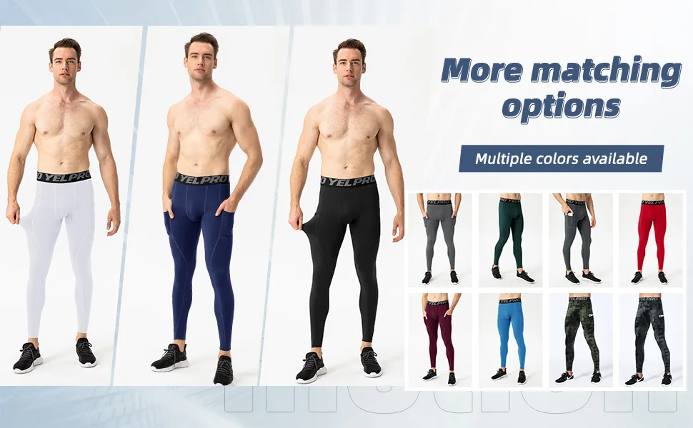 Yuerlian Mens Compression Pants Athletic Leggings with Pockets Running Baselayer Tights Cycling Workout Pants 1 or 3 Pack Pocket-black + Red + Blue Medium - Baselayer for Running Workout