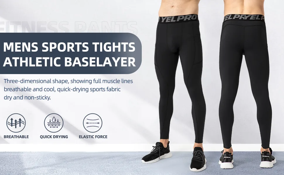 Yuerlian Mens Compression Pants Athletic Leggings with Pockets Running Baselayer Tights Cycling Workout Pants 1 or 3 Pack Pocket-black + Red + Blue Medium - product information 23