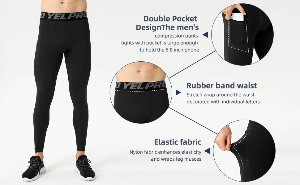 Yuerlian Mens Compression Pants Athletic Leggings with Pockets Running Baselayer Tights Cycling Workout Pants 1 or 3 Pack Pocket-black + Red + Blue Medium - product information 24
