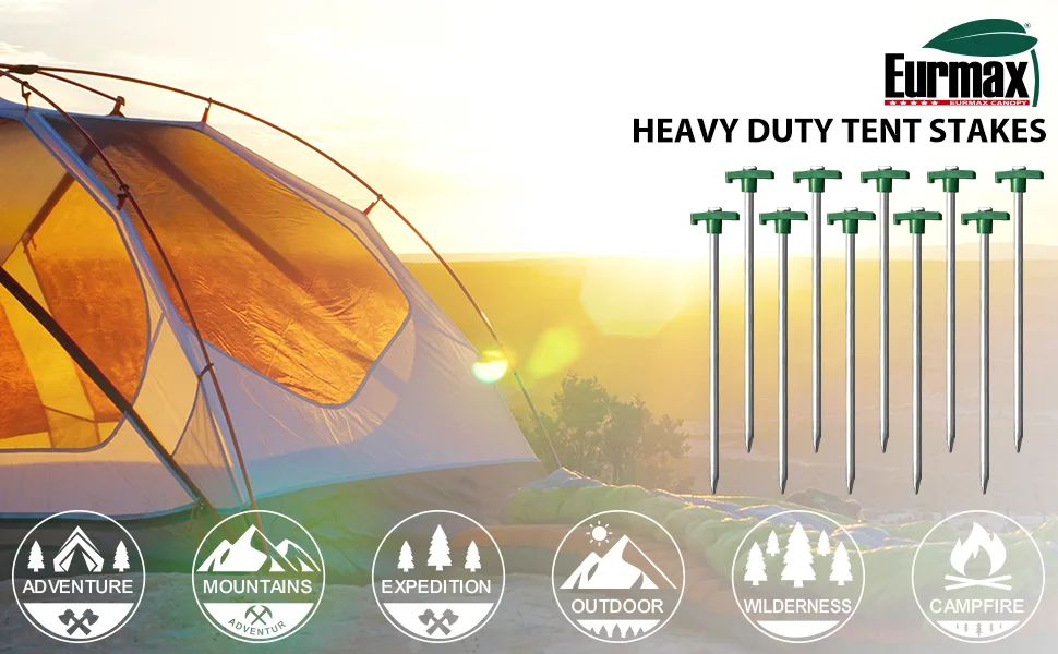 Eurmax USA Galvanized Non-Rust Camping Family Tent Pop Up Tent Stakes Ice Tools Heavy Duty 10pc-Pack with 4x10ft Ropes & 1 Stopper Green - tent stakes