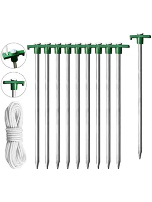 Eurmax USA Galvanized Non-Rust Camping Family Tent Pop Up Tent Stakes Ice Tools Heavy Duty 10pc-Pack with 4x10ft Ropes & 1 Stopper Green - tent stakes