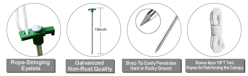 Eurmax USA Galvanized Non-Rust Camping Family Tent Pop Up Tent Stakes Ice Tools Heavy Duty 10pc-Pack with 4x10ft Ropes & 1 Stopper Green - tent stakes
