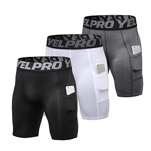 ABTIOYLLZ 3 Pack Compression Shorts for Men Spandex Running Workout Athletic Baselayer Underwear Shorts Pocket 3pack+white#84 Small - mens shorts