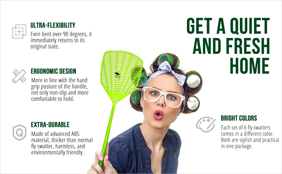 Garsum Fly Swatters 6 Pack Plastic Strong Multi Pack Long Handle Durable Fly Swat Shatter Bulk Insects Bugs Swatter Set That Work for Indoor and Outdoor 17.5 inches-Plastic - Get a quiet and fresh home