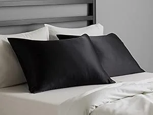 Amazon Basics 100% Polyester Satin Pillowcases for Hair and Skin Envelope Closure - Black Standard Pack of 2 Black Standard (20x26") Satin Pillowcase (2-Pack) - product information 1