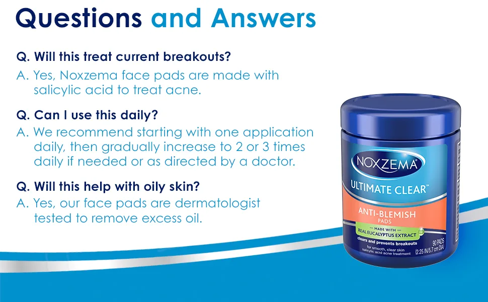Noxzema Ultimate Clear Face Pads Clears & Prevents Acne Anti-Blemish Made with Over 60% Alcohol 90 Count Pack of 6 - Questions & Answers