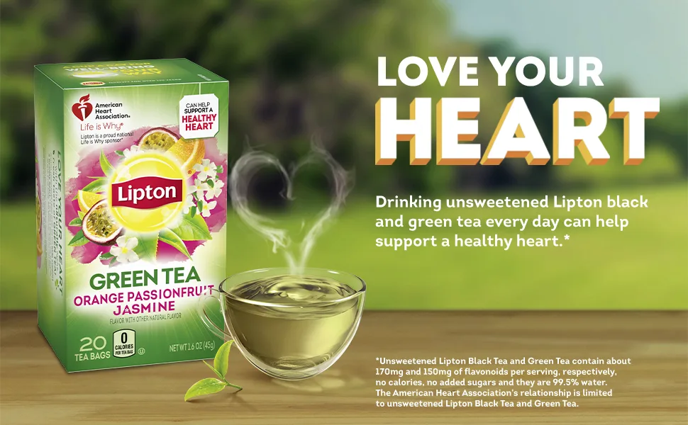 Lipton Tea Bags Orange Passionfruit Jasmine Green Tea Can Help Support a Healthy Heart 20 Tea Bags 6-Box Count 20 Count (Pack of 6) - Product shot with steaming cup