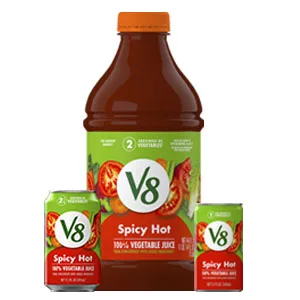 V8 Spicy Hot 100% Vegetable Juice Vegetable Blend with Tomato Juice 11.5 FL OZ Can (4 Packs of 6) - Product pictured in three packages: 12 oz. can, 64 oz. bottle and 8 oz. can
