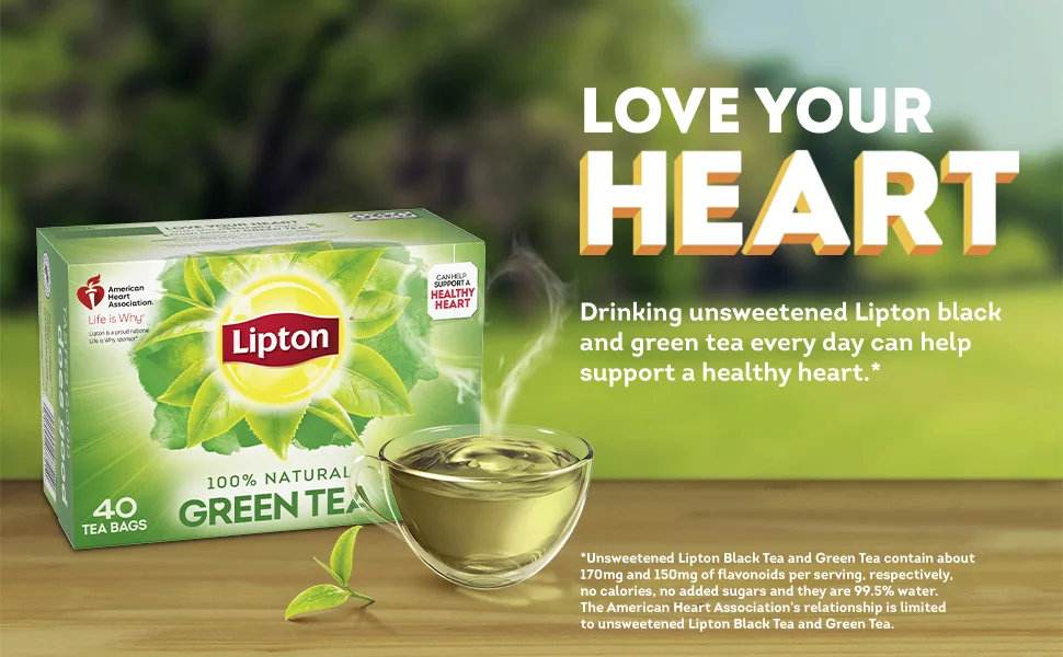 Lipton Tea Bags Green Tea Can Help Support a Healthy Heart 40 Tea Bags 6-Box Count - Lipton Green Tea pack and leaf and hot cup