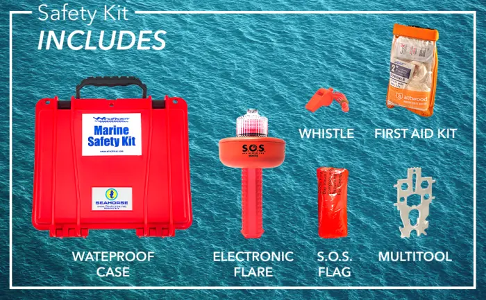 USCG Boating Safety Kit - Electronic Flare - First Aid Kit - Whistle - Multi Tool - Waterproof Case (Plastic) - dsadsadsa