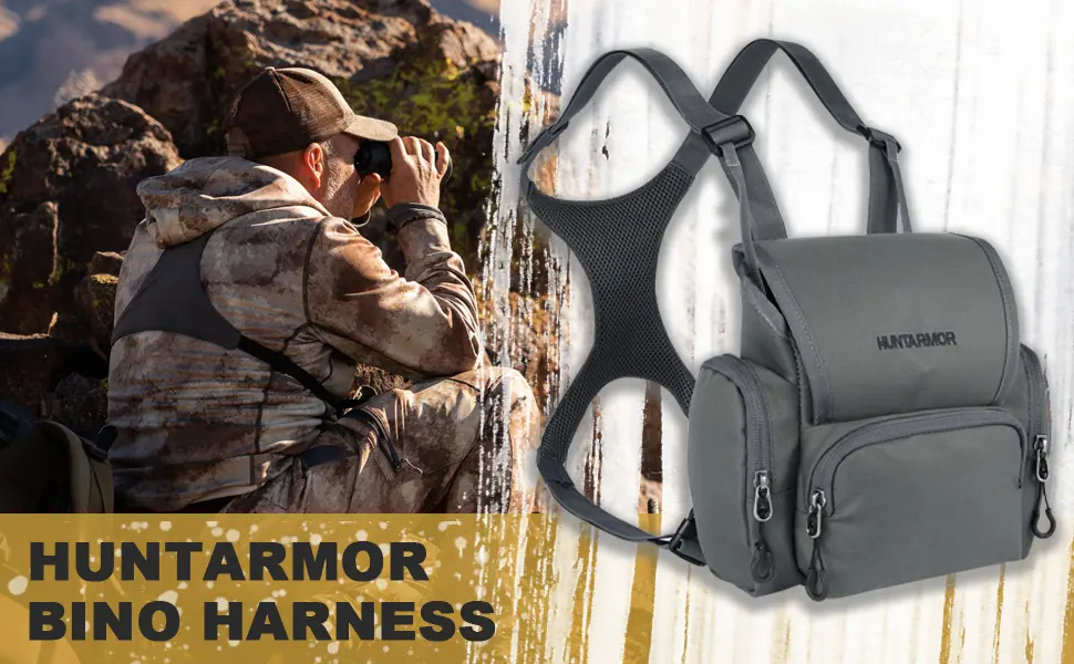 HUNTARMOR Binocular Harness Chest Pack: Hunting Bino Harness with Rangefinder Pouch & Binoculars Bag Durable Lightweight Portable Binocular Pack for Hunting Hiking and Shooting Camo - binocular harness chest pack