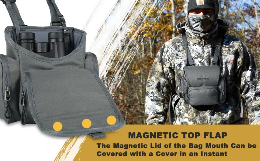 HUNTARMOR Binocular Harness Chest Pack: Hunting Bino Harness with Rangefinder Pouch & Binoculars Bag Durable Lightweight Portable Binocular Pack for Hunting Hiking and Shooting Camo - binocular harness chest pack