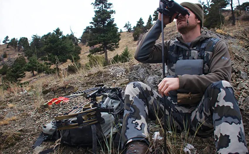 HUNTARMOR Binocular Harness Chest Pack: Hunting Bino Harness with Rangefinder Pouch & Binoculars Bag Durable Lightweight Portable Binocular Pack for Hunting Hiking and Shooting Camo - binocular harness chest pack