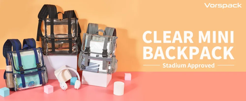 Vorspack Clear Mini Backpack - Stadium Approved Small Clear Backpack for Women Heavy Duty PVC Stadium Backpack with 2 Water Holders for Concerts Work Sports Festivals - Black - clear mini backpack
