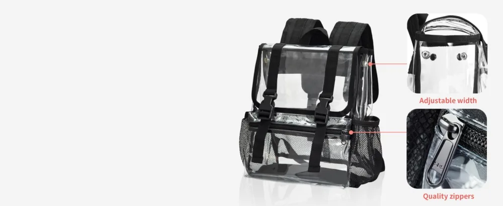 Vorspack Clear Mini Backpack - Stadium Approved Small Clear Backpack for Women Heavy Duty PVC Stadium Backpack with 2 Water Holders for Concerts Work Sports Festivals - Black - clear plastic backpack
