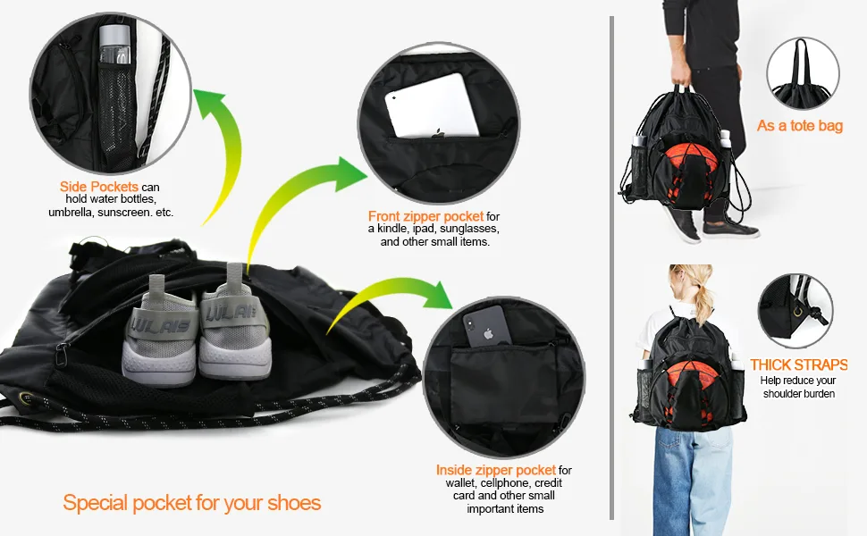 BeeGreen Drawstring Backpack Basketball Bag with Ball Holder & Shoe Compartment Sling Backpack for Boys Girls Navy - Gym Backpack