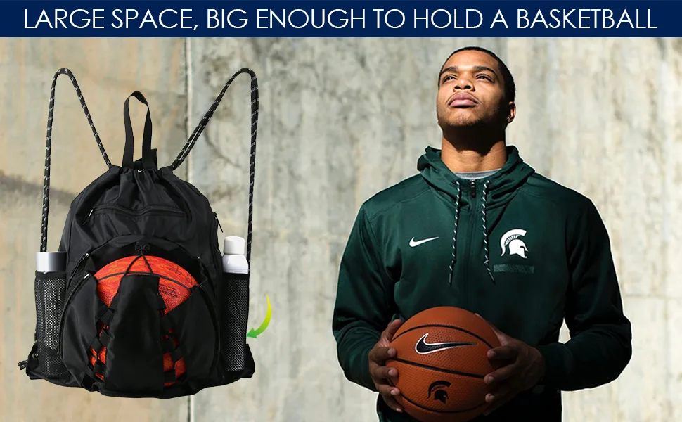 BeeGreen Drawstring Backpack Basketball Bag with Ball Holder & Shoe Compartment Sling Backpack for Boys Girls Navy - gym bag