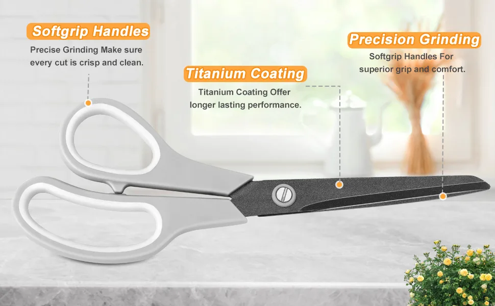 2 Pack 8 inch Scissors Forvencer Non-Stick Titanium Scissors Sharp Heavy Duty Scissors with Comfort Grip All-Purpose Scissors for Kitchen Home School Office Craft Scissors for Art DIY 2 Grey/White & Grey/Orange - scissors