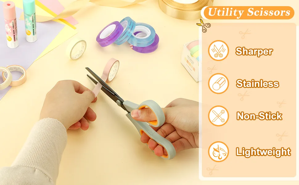 2 Pack 8 inch Scissors Forvencer Non-Stick Titanium Scissors Sharp Heavy Duty Scissors with Comfort Grip All-Purpose Scissors for Kitchen Home School Office Craft Scissors for Art DIY 2 Grey/White & Grey/Orange - scissors
