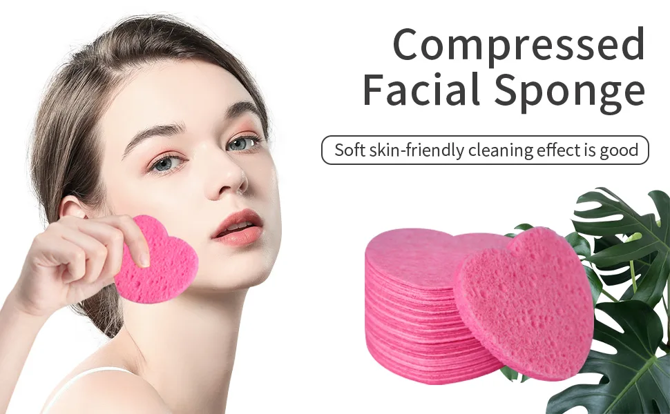 Facial Sponges Compressed Natural Cellulose Sponge Spunspon Heart Shape Face Sponge for Face Cleansing Exfoliating and Makeup Removal 50 Count / 1 - Pack Pink 50- Pack Pink - make up sponges for face