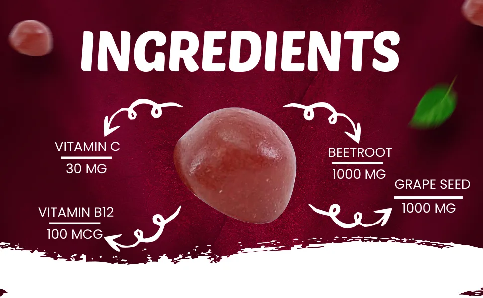 Beet Root Chews with Grape Seed, Vitamin C & B12 - Pomegranate Flavor 60 Count (Pack of 1) - Ingredients