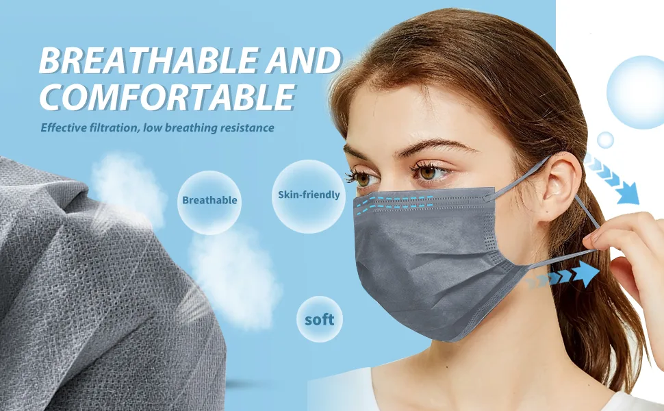 MSAAEX Grey Disposable Face Mask 4-Ply Protection Masks Prevent Dust Breathable Non-Woven Mouth Cover - 50 Pack Gray - tyrd