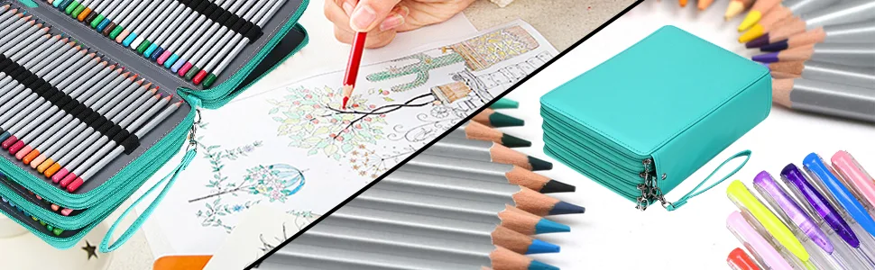 BTSKY 200 Slots Colored Pencil Organizer - Deluxe PU Leather Pencil Case Holder With Removal Handle Strap Pencil Box Large for Colored Pencils Watercolor Pencils (Green) - product information 7