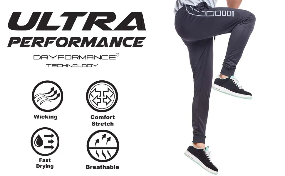 Ultra Performance 3 Pack Athletic Tech Mens Joggers Track Pants for Men with Zipper Pockets Grey/Black/Blue Marled With Rubber Zipper Large - Ultra Perfromance Tricot Joggers Features: Wicking, Comfort Stretch, Fast Drying, Breathable
