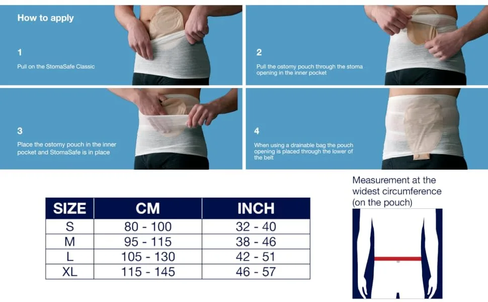 Corsinel StomaSafe Classic (Pack of 3) Ostomy/Hernia Light Support (White L (41.5-51in) by TYTEX White Large (Pack of 3) - Application and size chart