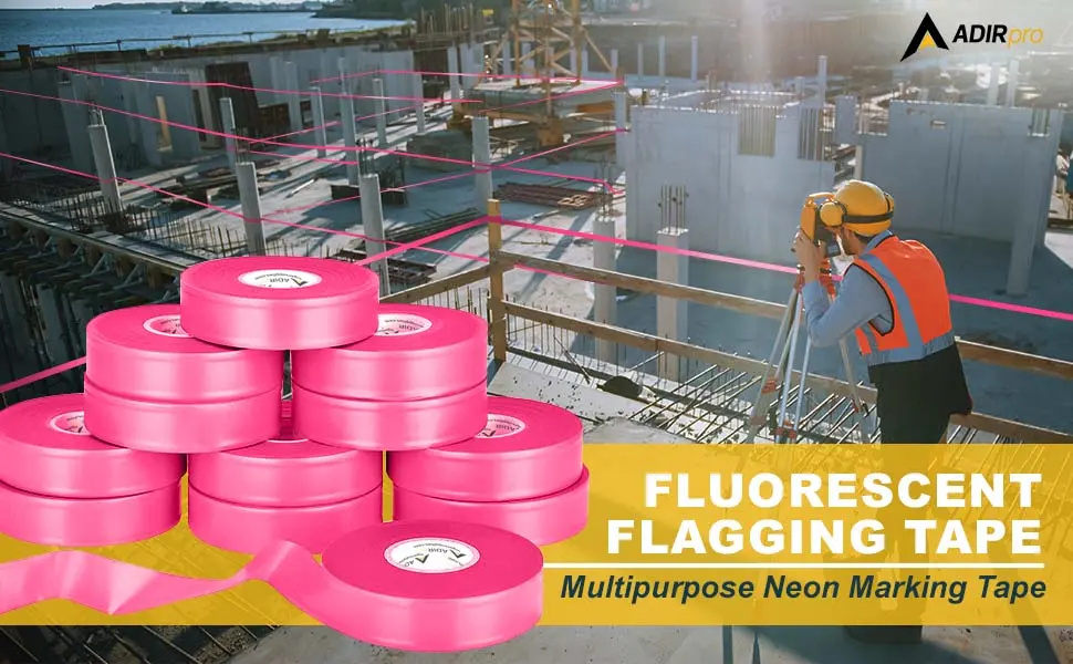 AdirPro 12 Pack Fluorescent Flagging Tape - Multipurpose Neon Marking Tape - Great Visual Labeling & Tagging for Home & Workplace Use (Fluorescent Pink 150 feet) Fluorescent Pink 150 feet - location tape hunters tape marker tape orange caution tape tree marking ribbon survey ribbon