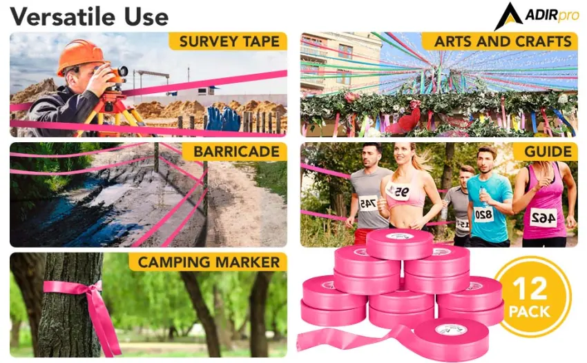 AdirPro 12 Pack Fluorescent Flagging Tape - Multipurpose Neon Marking Tape - Great Visual Labeling & Tagging for Home & Workplace Use (Fluorescent Pink 150 feet) Fluorescent Pink 150 feet - survey ribbon marking ribbon outdoor hunting reflective trail markers flourscent tape assorted color