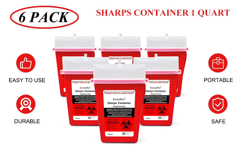 GlobalRoll Sharps Container 1 Quart 6 Pack Biohazard Needle Disposal Container Small Syringe Disposal Container Professional Sharps Disposal Container for Home and Travel Use - biohazard needle disposal container
