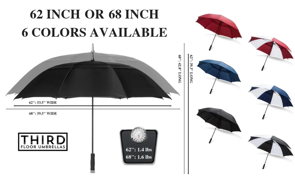 Third Floor Umbrellas 62/68 Inch Automatic Open Golf Umbrella - Extra Large Vented Windproof Waterproof Sturdy Double Canopy Black 68 inches (1-Pack) - 62 Inch and 68 Inch Automatic Golf Umbrellas