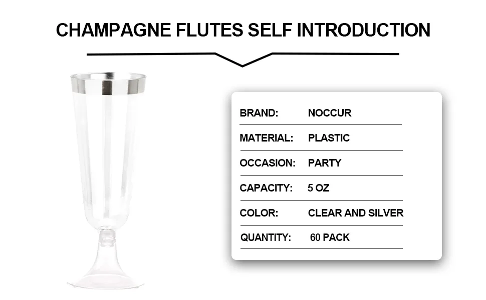NOCCUR 60 Pack Silver Plastic Champagne Flutes-5OZ Plastic Champagne Glasses - Premium Quality Plastic Silver Rimmed Champagne Flutes-Suitable for Wedding&Party - Silver Plastic Champagne Flutes