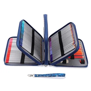 BTSKY Colored Pencil Case- 160 Slots Pencil Holder Pen Bag Large Capacity Pencil Organizer with Handle Strap Handy Colored Pencil Box with Printing Pattern Blue Star Bright Blue - 160 slots-300-1