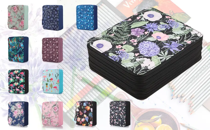 BTSKY Colored Pencil Case- 160 Slots Pencil Holder Pen Bag Large Capacity Pencil Organizer with Handle Strap Handy Colored Pencil Box with Printing Pattern Blue Star Bright Blue - 160 slots pencil case-1