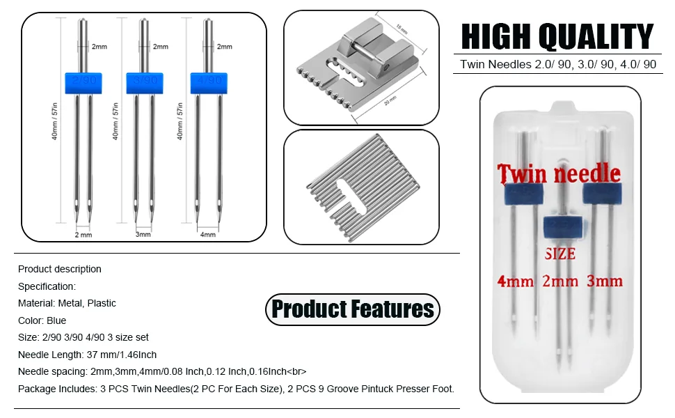 6Pack Twin Needle Double Needle with 2 PCS 9 Groove Pintuck Presser Foot 3 Size 2/90 3/90 4/90 by HOWRIN - qweqwewq