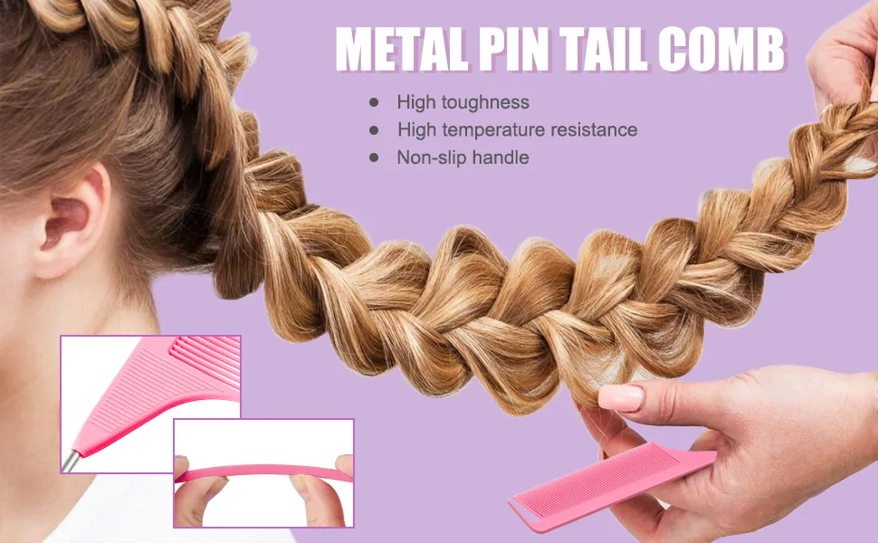 Hair Tail Tools TsMADDTs 6Pack Hair Loop Tool Set with 2Pairs French Braid Tool Loop 2Pcs Rat Tail Comb for Hair Styling Purple&Pink Pink&Purple - Hair Tail Tools