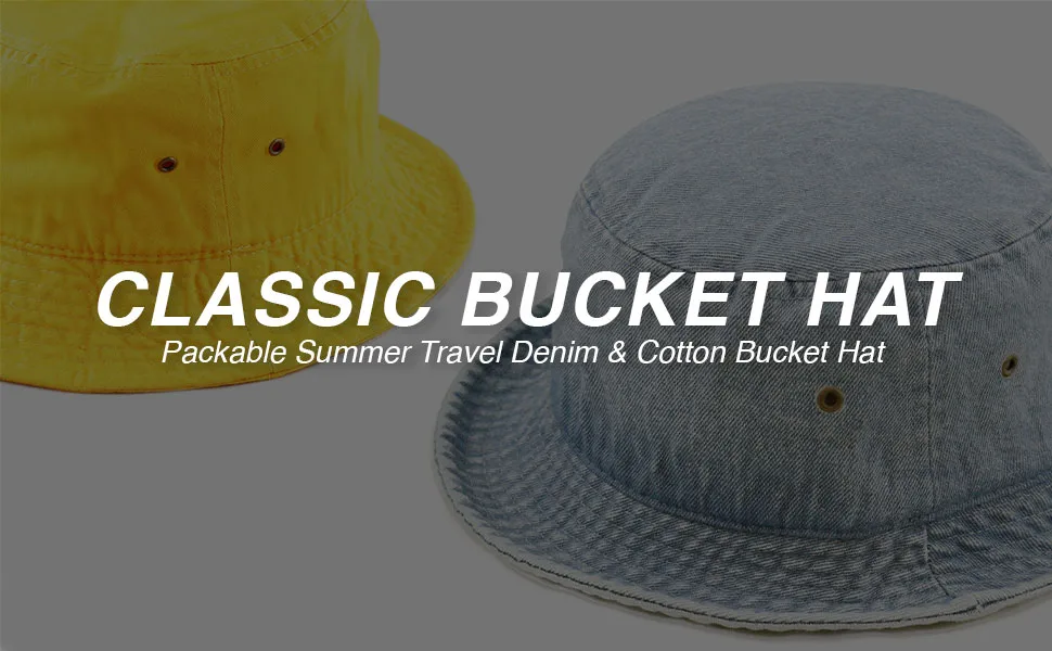 Bucket Hat - Unisex 100% Cotton & Denim UPF 50 Packable Summer Travel Beach Sun Hat Small-Medium White - BUCKET HAT