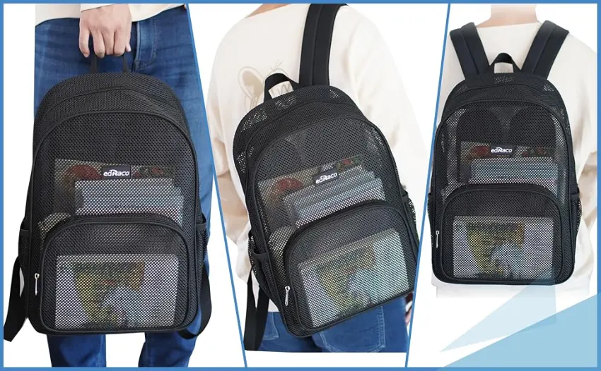 Edraco Heavy Duty Mesh Backpack Mesh Backpack for College Sport Travel Beach Semi-transparent Mesh Bag with Padded Straps - mesh backpack display