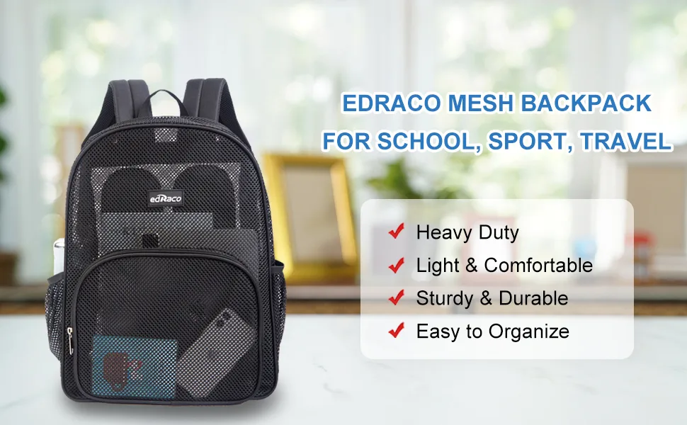 Edraco Heavy Duty Mesh Backpack Mesh Backpack for College Sport Travel Beach Semi-transparent Mesh Bag with Padded Straps - mesh backpack for school, sporting, travel