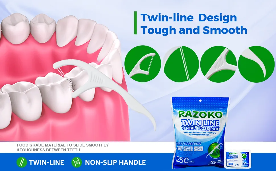 Twin-Line Dental Floss Picks High Toughness Toothpicks Sticks with Portable Cases 250Pcs - product information 2
