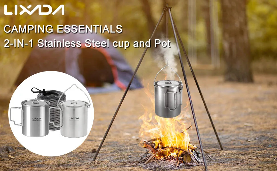Lixada Camping Cup Pot 750ml Stainless Steel Water Cup Mug with Foldable Handles and Lid for Outdoor Camping Hiking Backpacking - Camping Cup