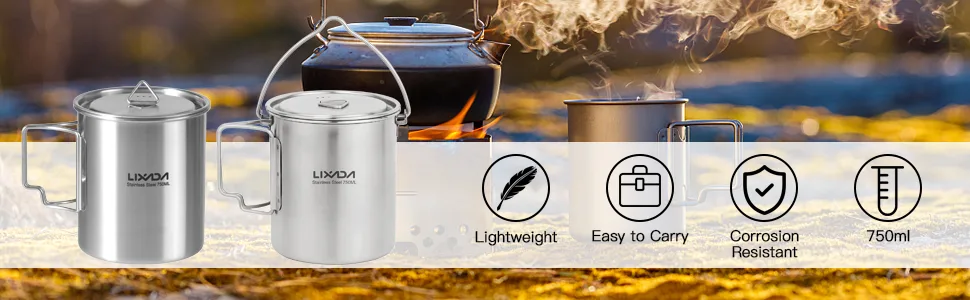 Lixada Camping Cup Pot 750ml Stainless Steel Water Cup Mug with Foldable Handles and Lid for Outdoor Camping Hiking Backpacking - Camping Cup